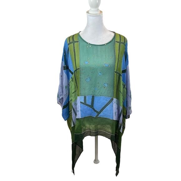 Champagne Collection by All That Glitters Silk One Size Blue and Green Top - Picture 3 of 11